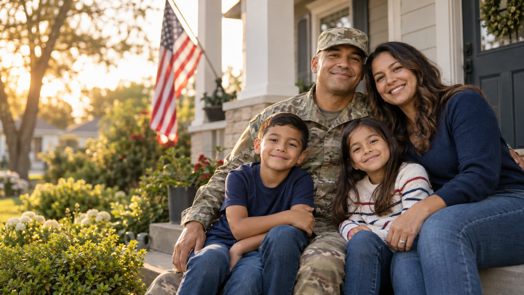 Illustrative concept of a veteran family together outside a welcoming home
