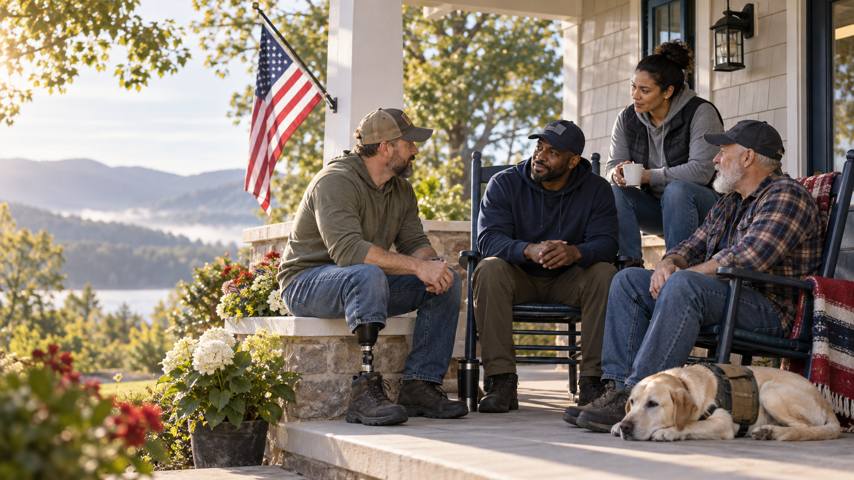 Illustrative concept of veterans sharing support and conversation in community