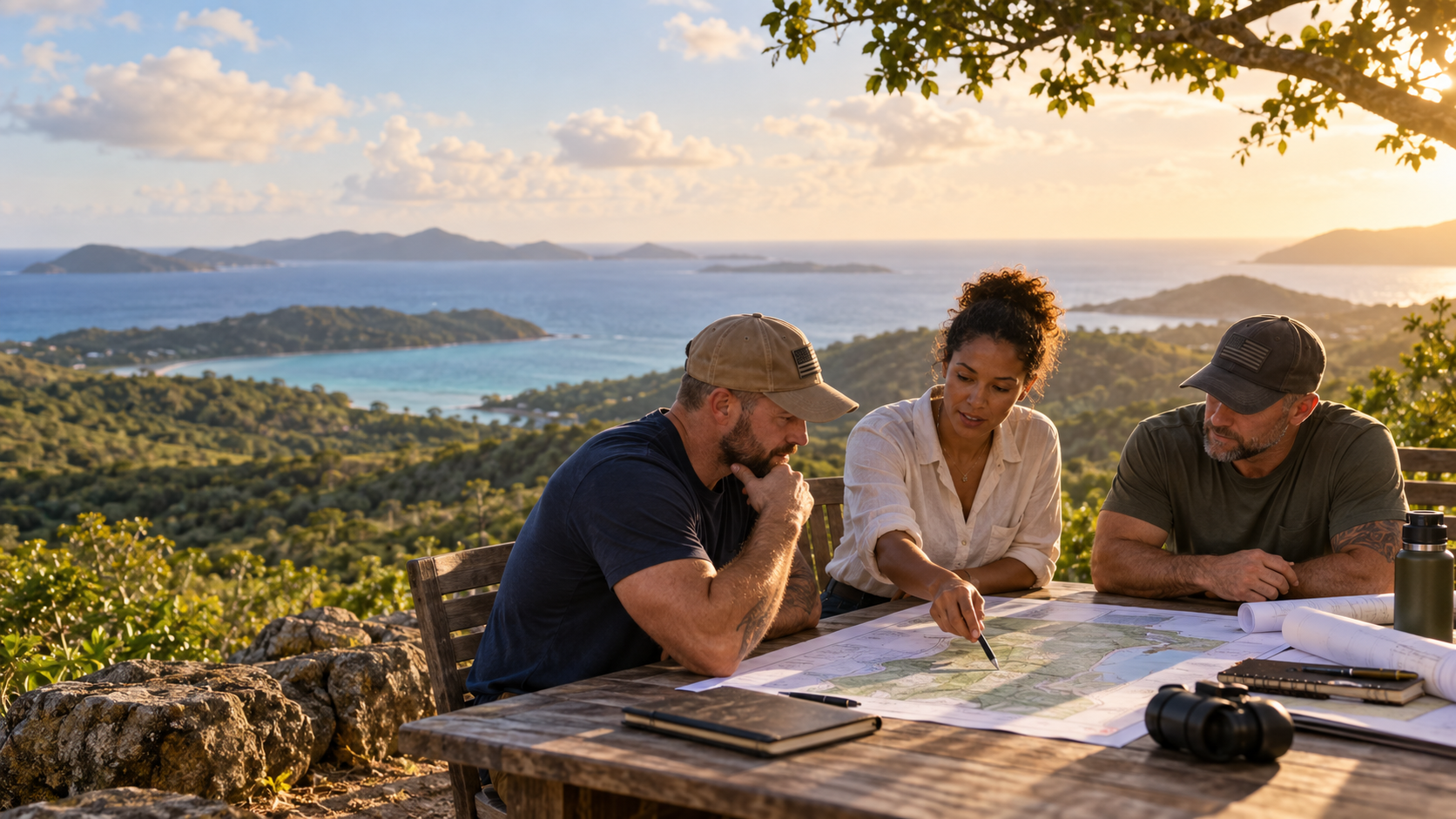 Illustrative concept of veterans and a planner discussing a future St. Croix site