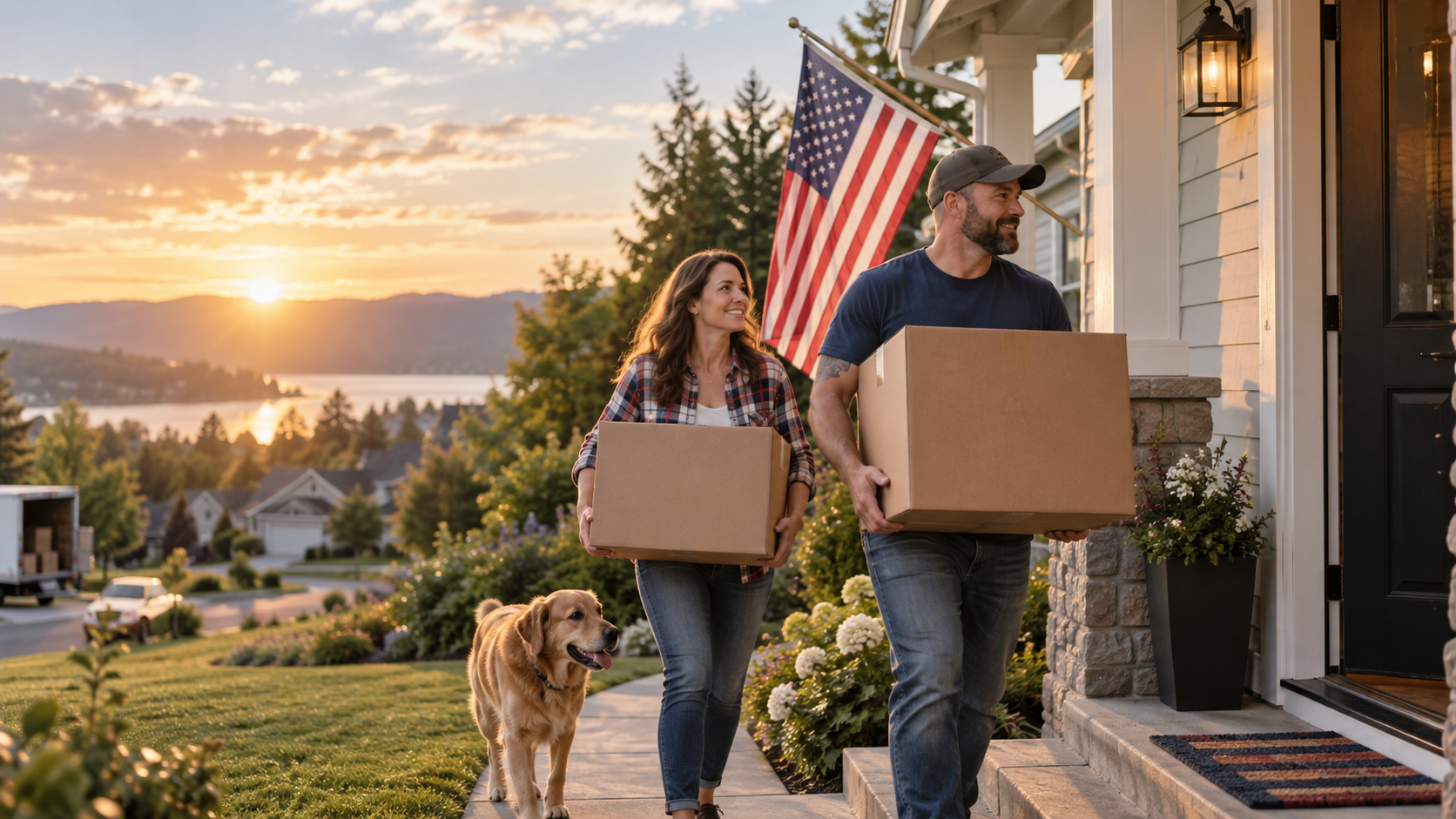 Illustrative concept of a veteran and spouse carrying moving boxes toward a welcoming home