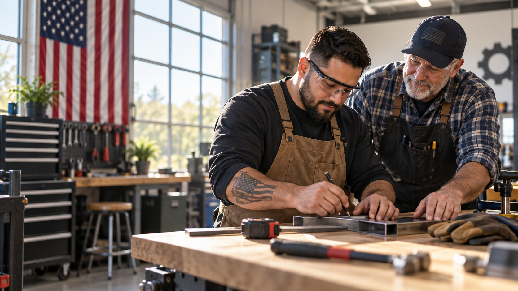 Illustrative concept of a veteran building skills with a workshop mentor